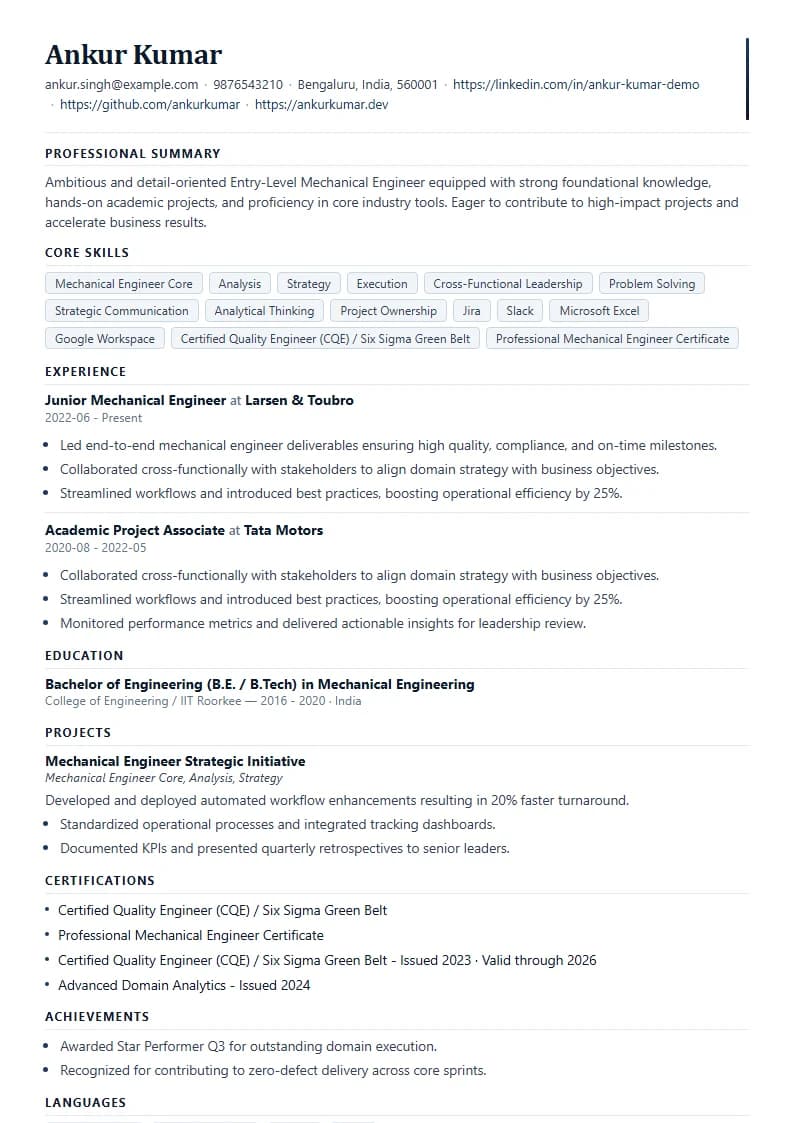 Entry-Level Mechanical Engineer Resume Example using Timeless Serif Classic template layout