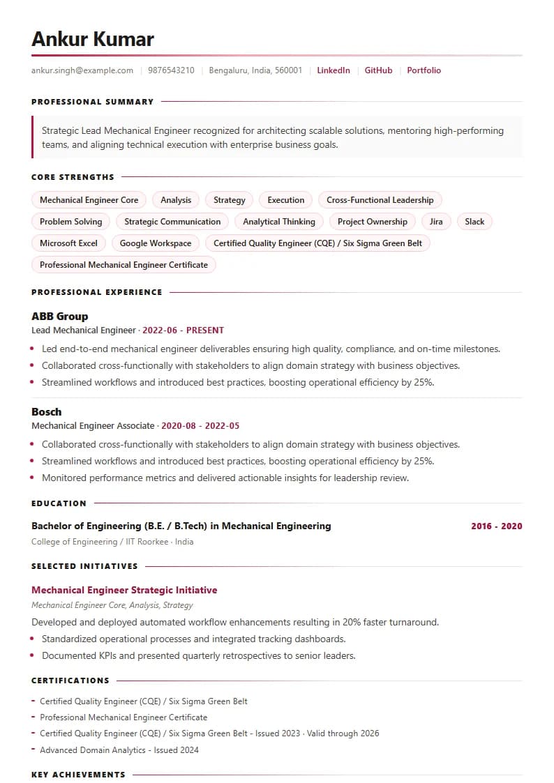 Lead Mechanical Engineer Resume Example using Corporate Elite Resume template layout