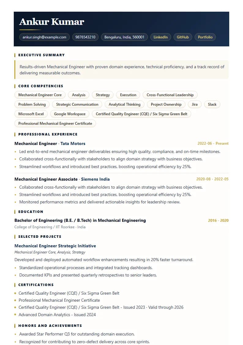 Mechanical Engineer Resume Example using Compact Professional Azure template layout