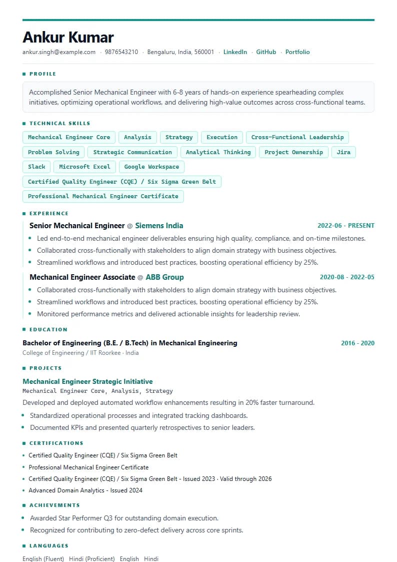 Senior Mechanical Engineer Resume Example using Modern Professional template layout