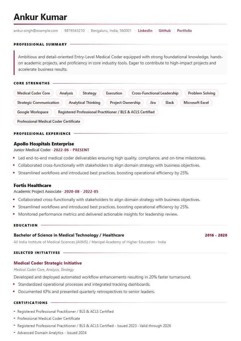 Entry-Level Medical Coder Resume Example using Modern Professional template layout