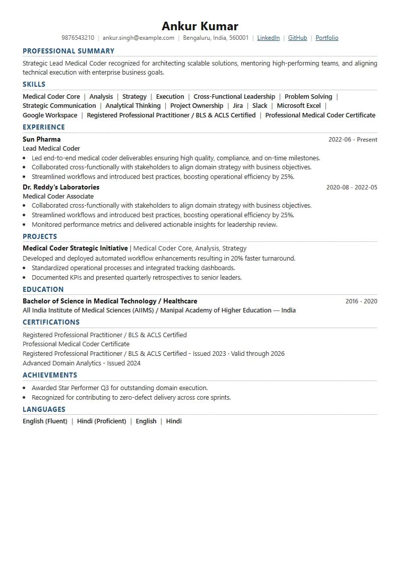 Lead Medical Coder Resume Example using Silicon Teal Meridian template layout