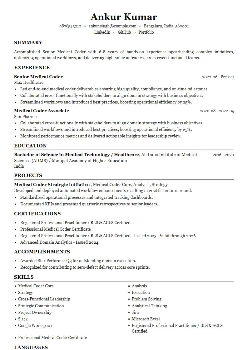 Senior Medical Coder Resume Example using Executive Onyx Gold template layout