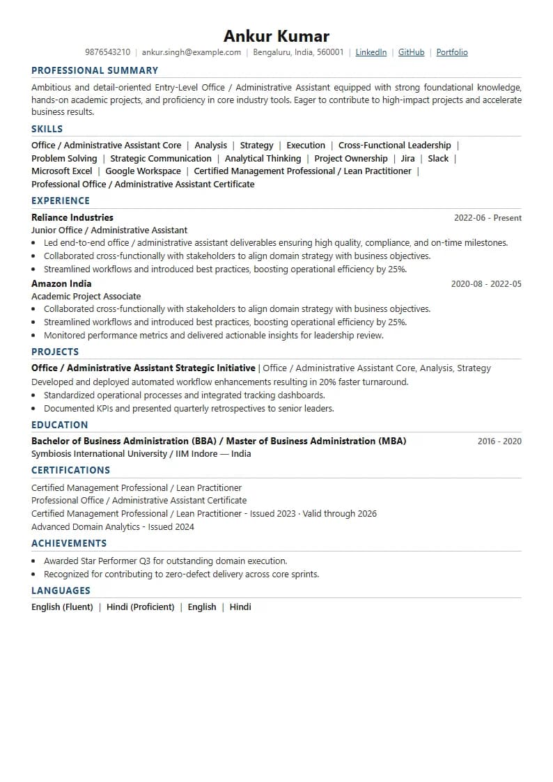 Entry-Level Office / Administrative Assistant Resume Example using Executive Onyx Gold template layout