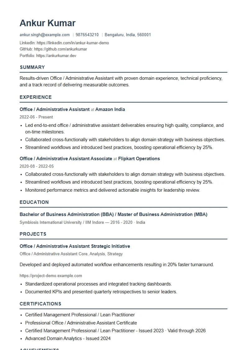 Office / Administrative Assistant Resume Example using Silicon Teal Meridian template layout