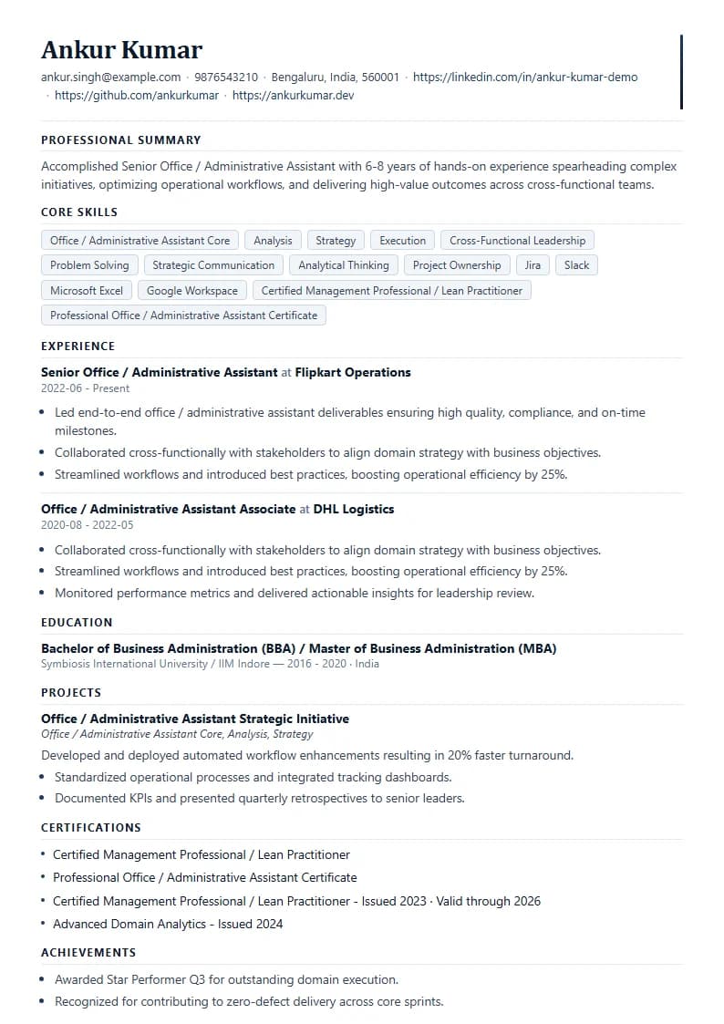Senior Office / Administrative Assistant Resume Example using Mercator Marketing Executive template layout