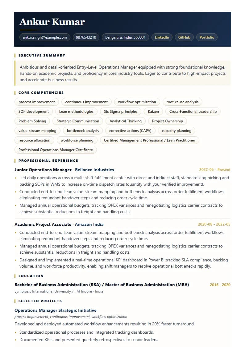 Entry-Level Operations Manager Resume Example using Mercator Marketing Executive template layout