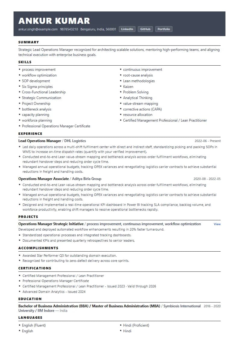 Lead Operations Manager Resume Example using Compact Professional Azure template layout