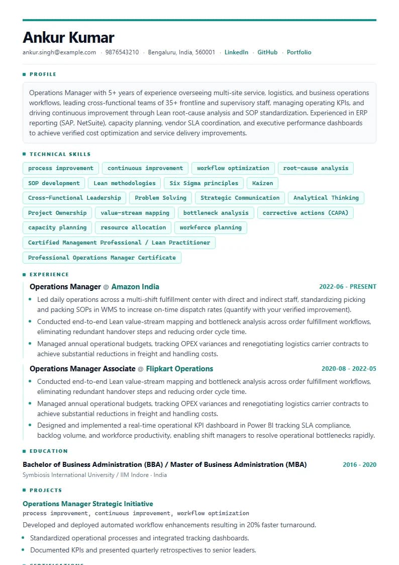 Operations Manager Resume Example using Crisp Column Slate template layout