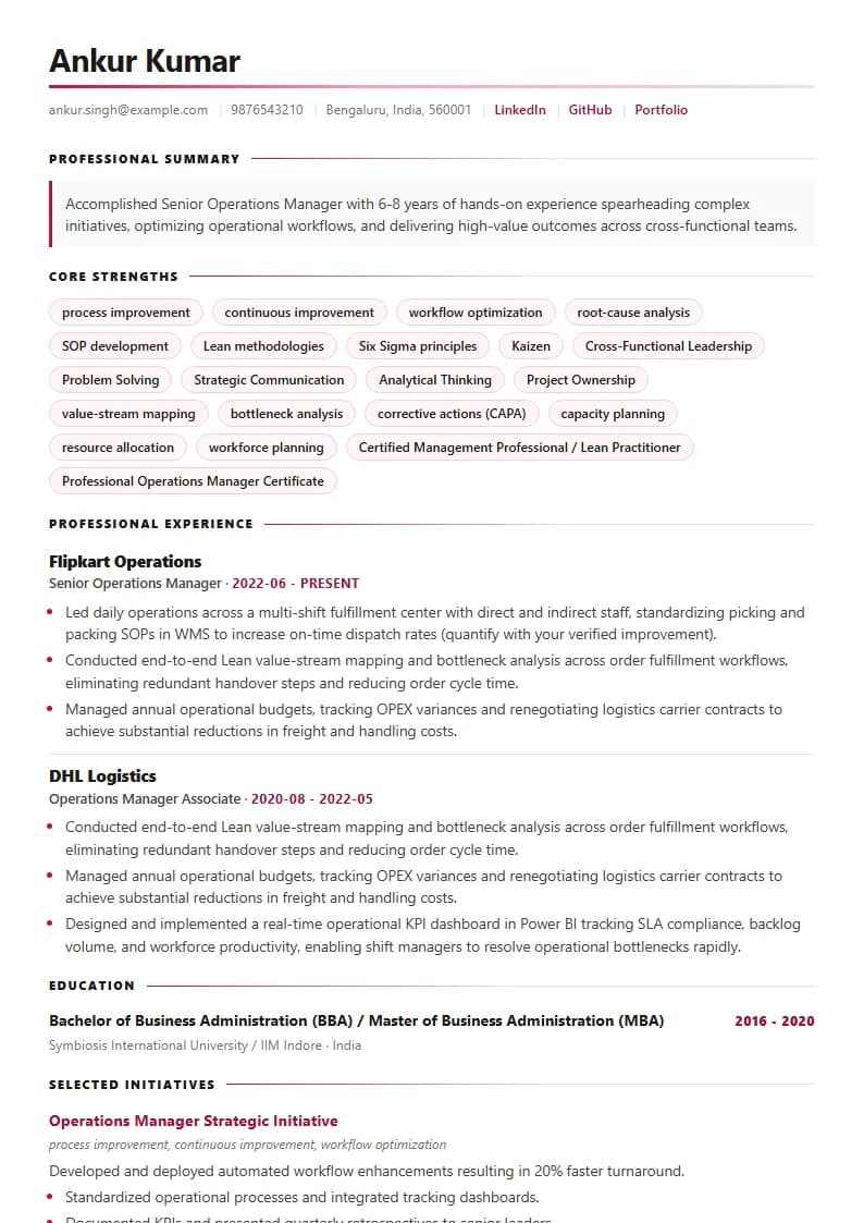 Senior Operations Manager Resume Example using Timeless Serif Classic template layout
