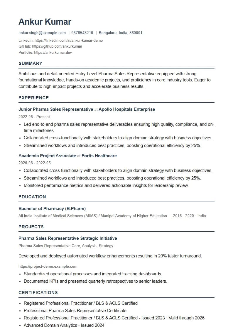 Entry-Level Pharma Sales Representative Resume Example using Modern Professional template layout