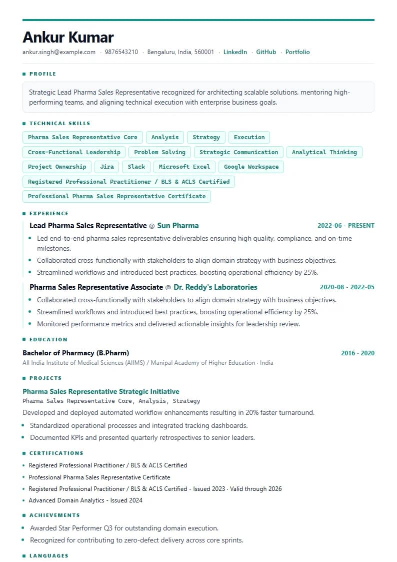 Lead Pharma Sales Representative Resume Example using Silicon Teal Meridian template layout