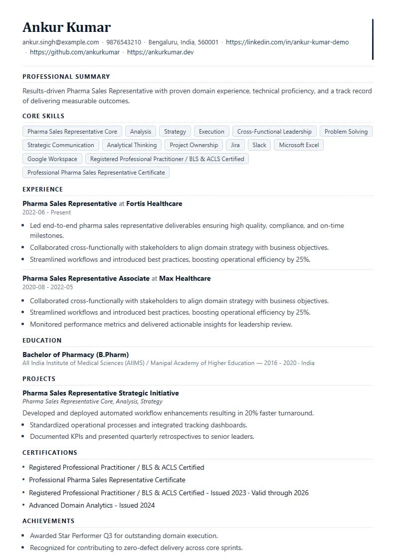 Pharma Sales Representative Resume Example using Corporate Elite Resume template layout