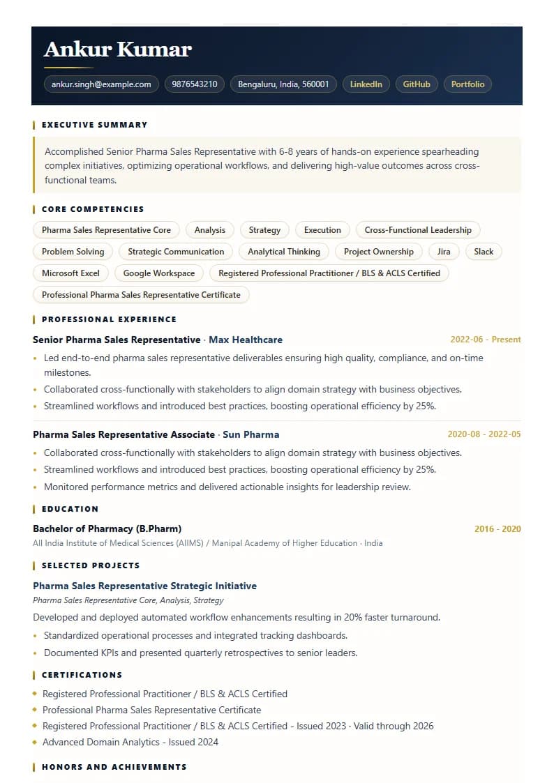 Senior Pharma Sales Representative Resume Example using Executive Onyx Gold template layout
