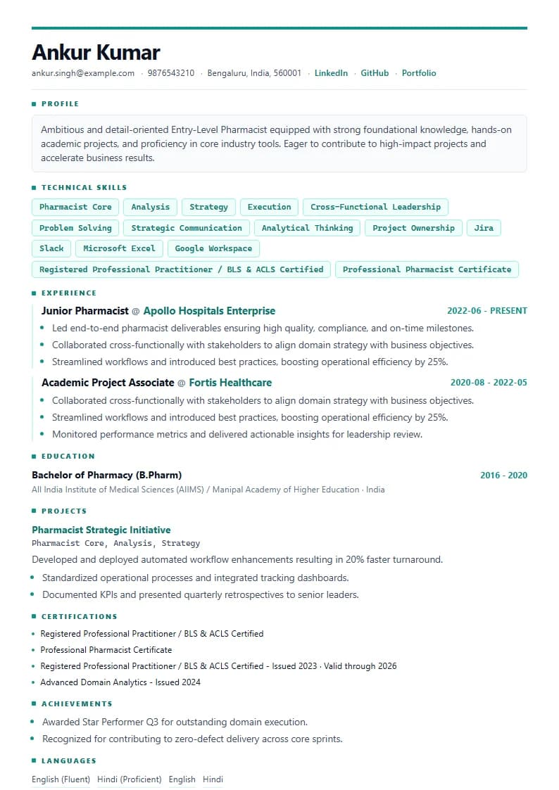 Entry-Level Pharmacist Resume Example using Executive Onyx Gold template layout