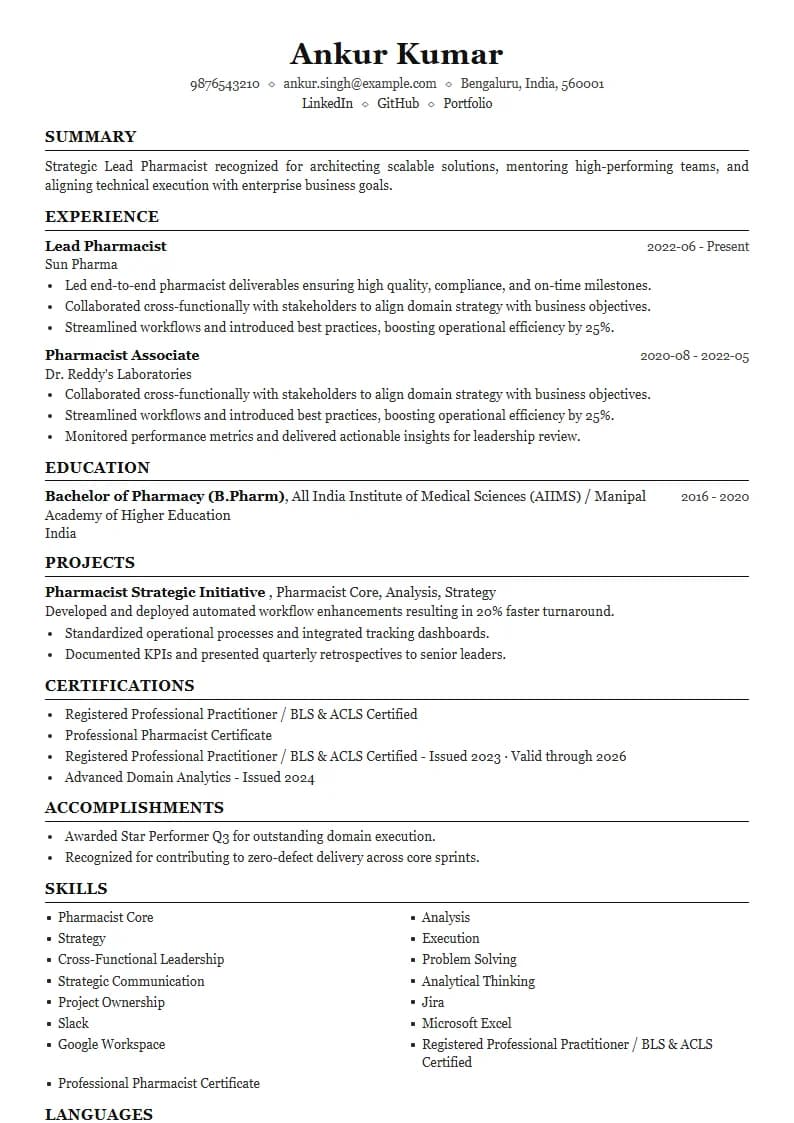 Lead Pharmacist Resume Example using Crisp Column Slate template layout