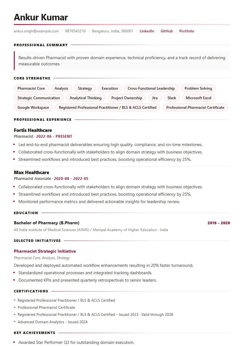 Pharmacist Resume Example using Silicon Teal Meridian template layout
