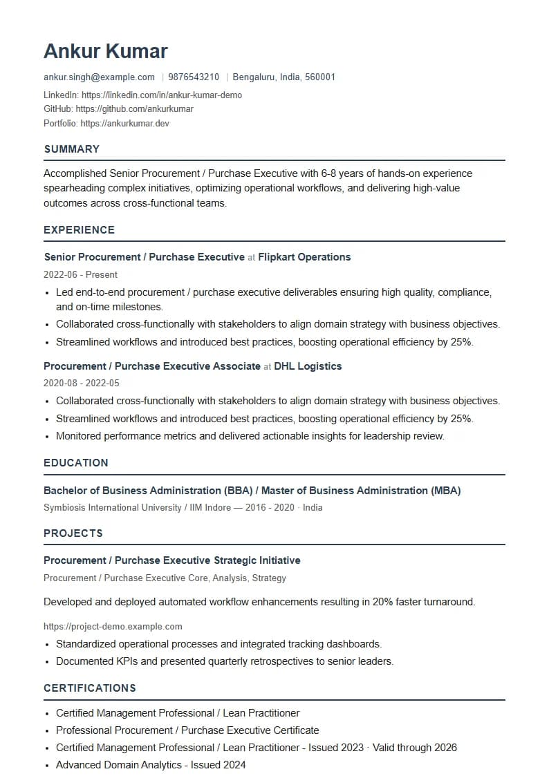 Senior Procurement / Purchase Executive Resume Example using Timeless Serif Classic template layout