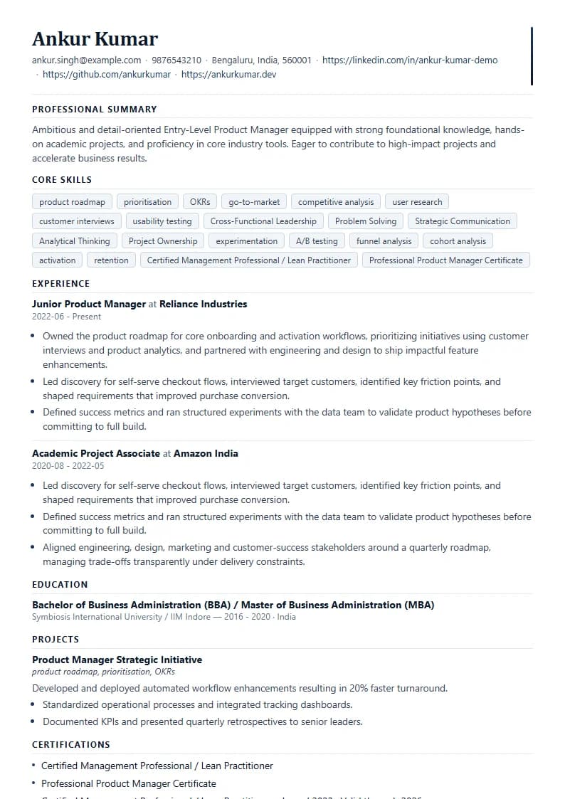 Entry-Level Product Manager Resume Example using Timeless Serif Classic template layout