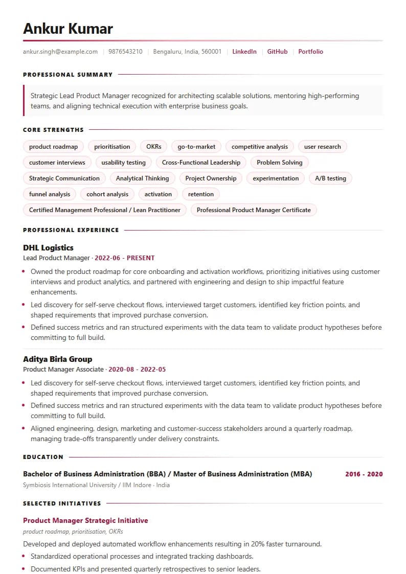 Lead Product Manager Resume Example using Corporate Elite Resume template layout