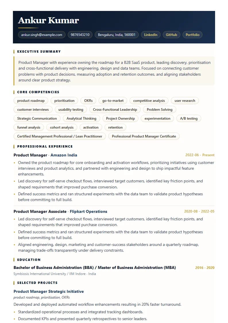 Product Manager Resume Example using Compact Professional Azure template layout