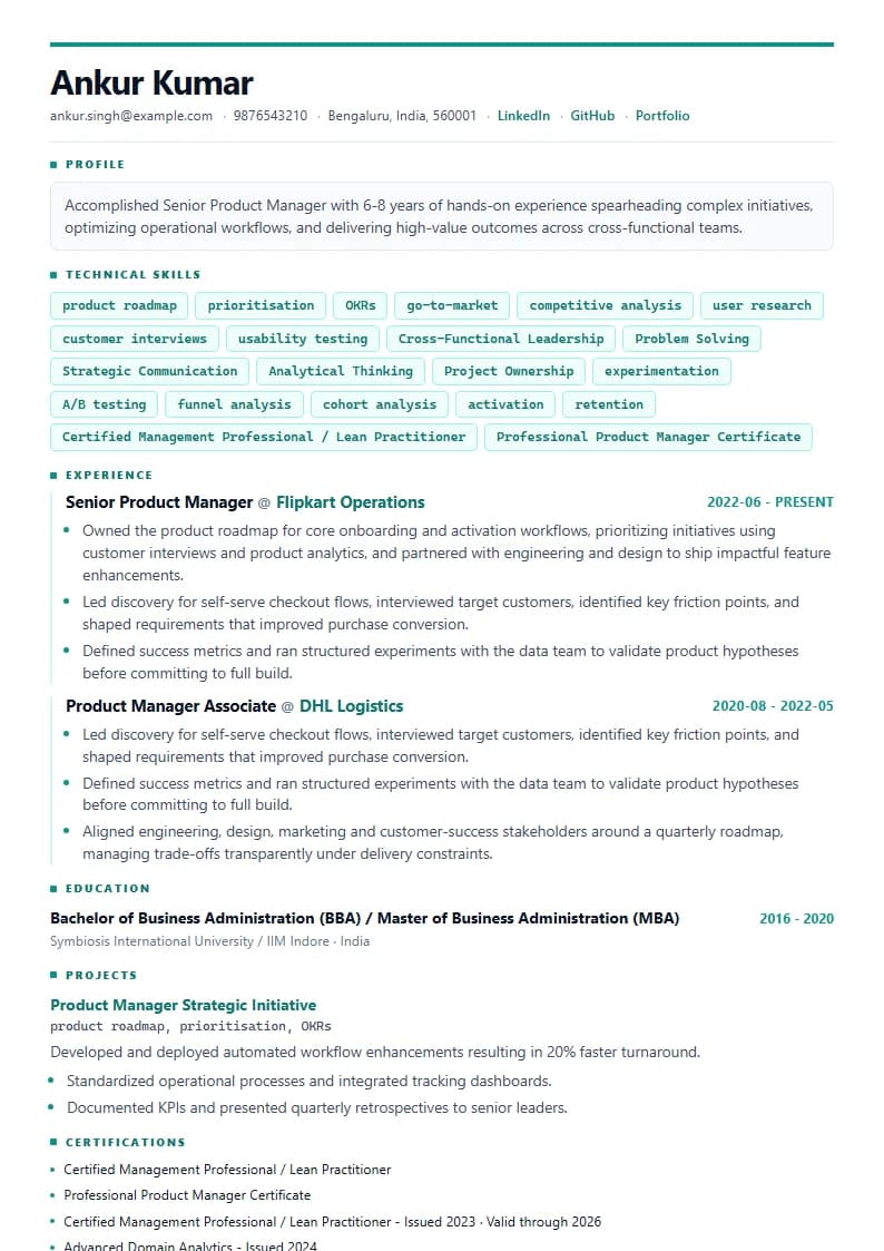 Senior Product Manager Resume Example using Modern Professional template layout