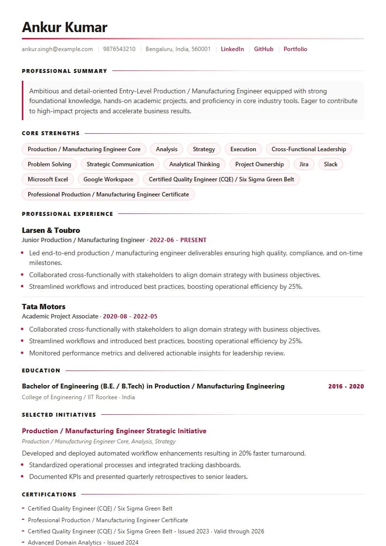 Entry-Level Production / Manufacturing Engineer Resume Example using Modern Professional template layout