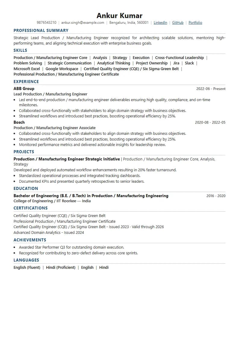Lead Production / Manufacturing Engineer Resume Example using Silicon Teal Meridian template layout