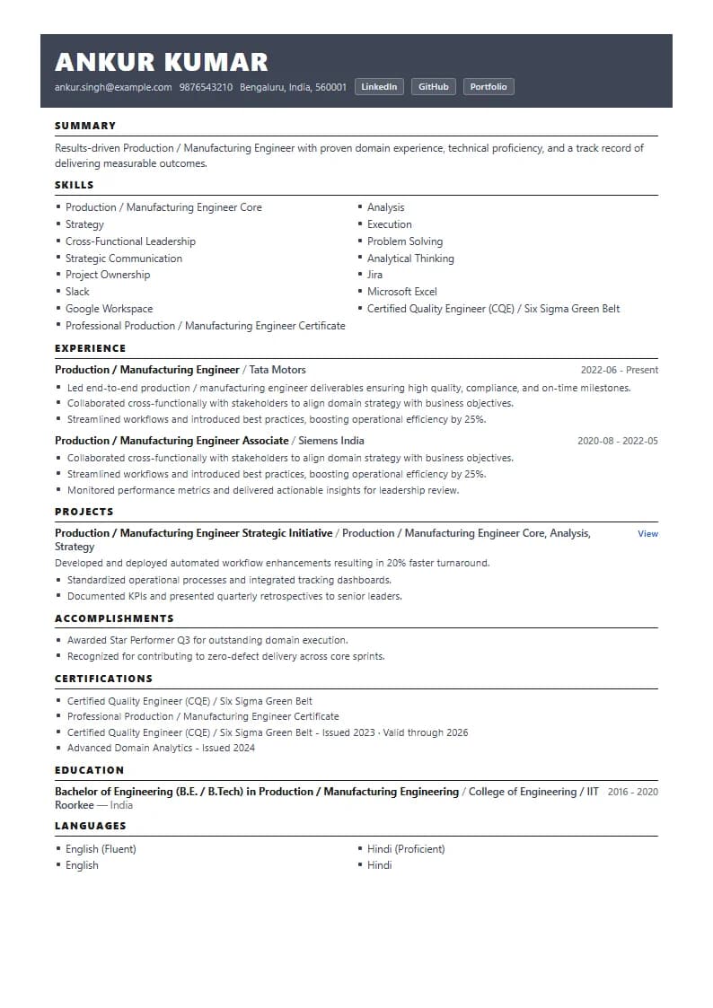 Production / Manufacturing Engineer Resume Example using Corporate Elite Resume template layout