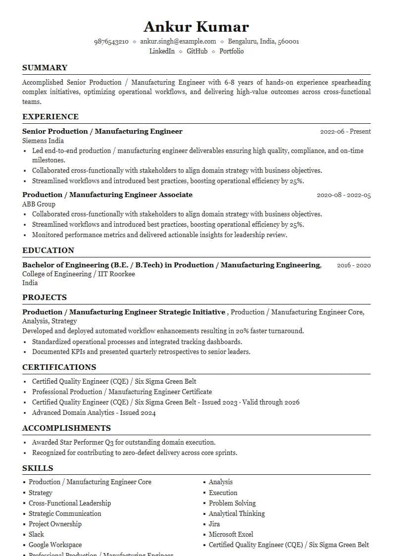 Senior Production / Manufacturing Engineer Resume Example using Executive Onyx Gold template layout