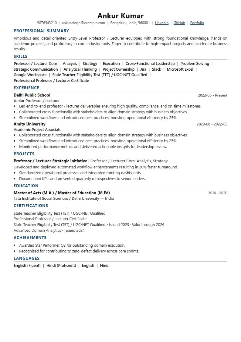 Entry-Level Professor / Lecturer Resume Example using Executive Onyx Gold template layout