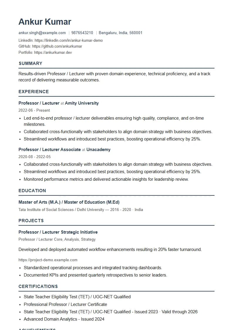 Professor / Lecturer Resume Example using Silicon Teal Meridian template layout