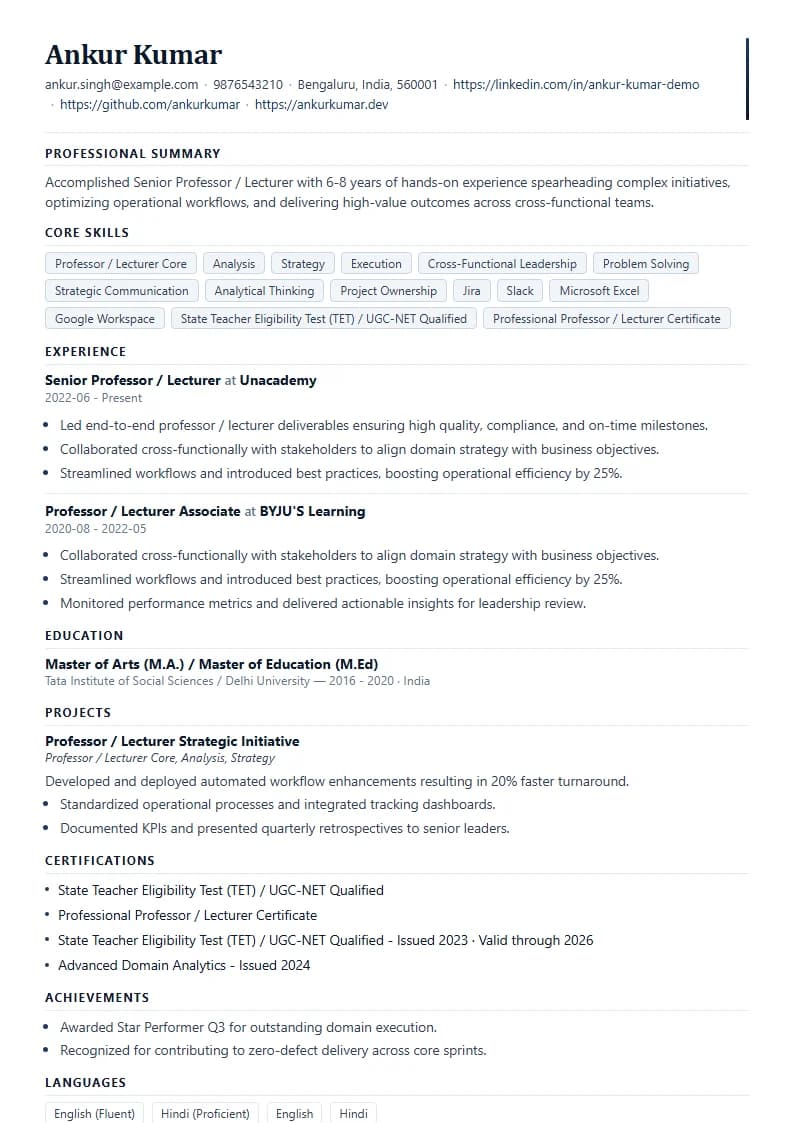 Senior Professor / Lecturer Resume Example using Mercator Marketing Executive template layout