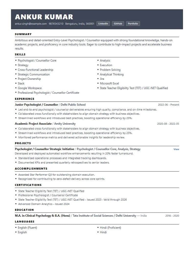 Entry-Level Psychologist / Counsellor Resume Example using Timeless Serif Classic template layout
