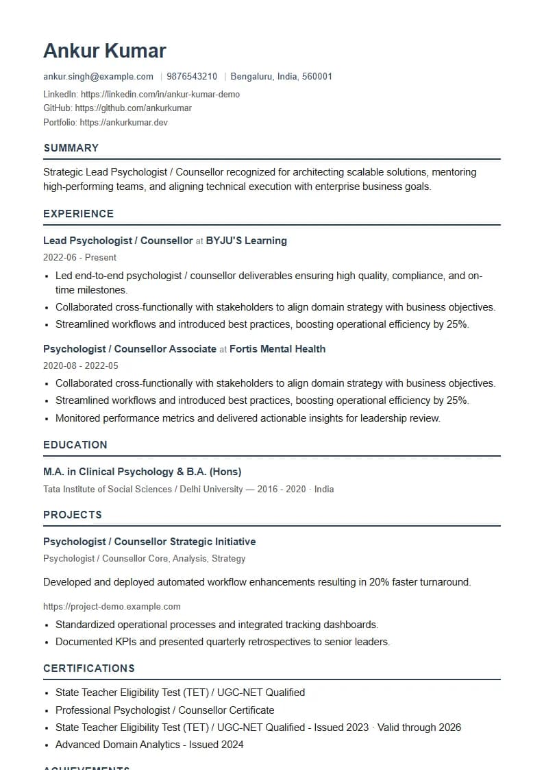 Lead Psychologist / Counsellor Resume Example using Corporate Elite Resume template layout