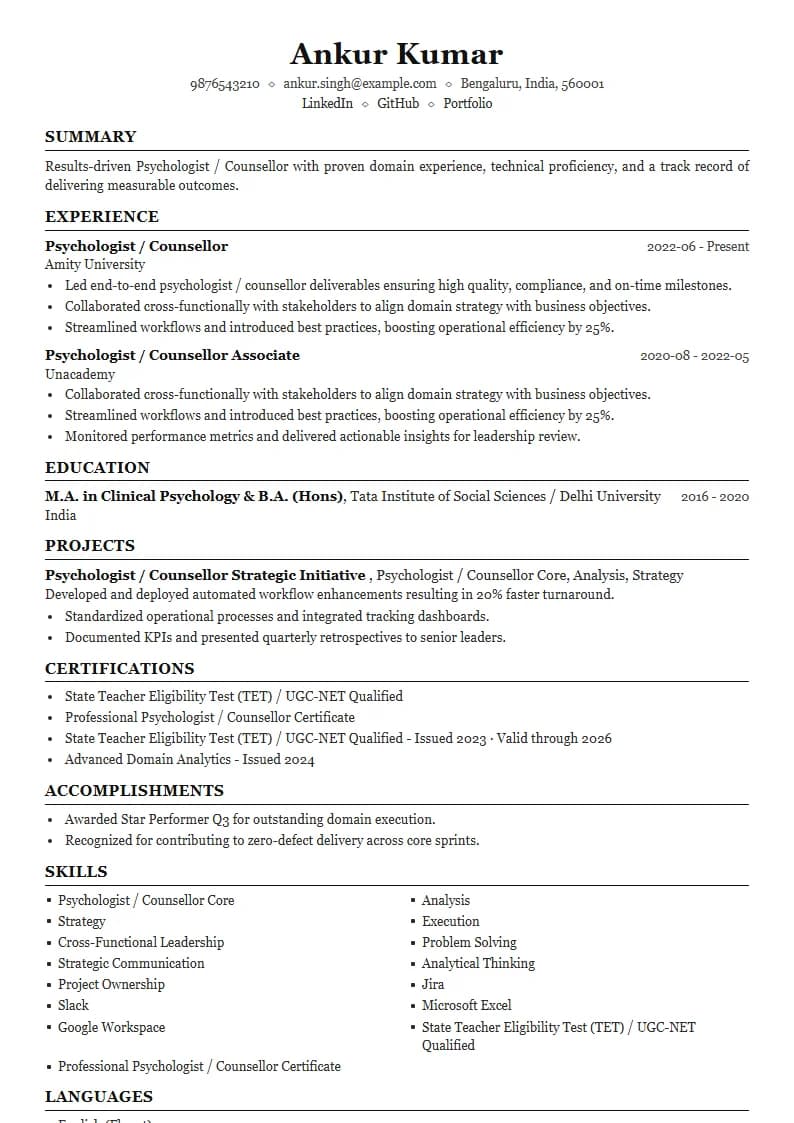 Psychologist / Counsellor Resume Example using Compact Professional Azure template layout