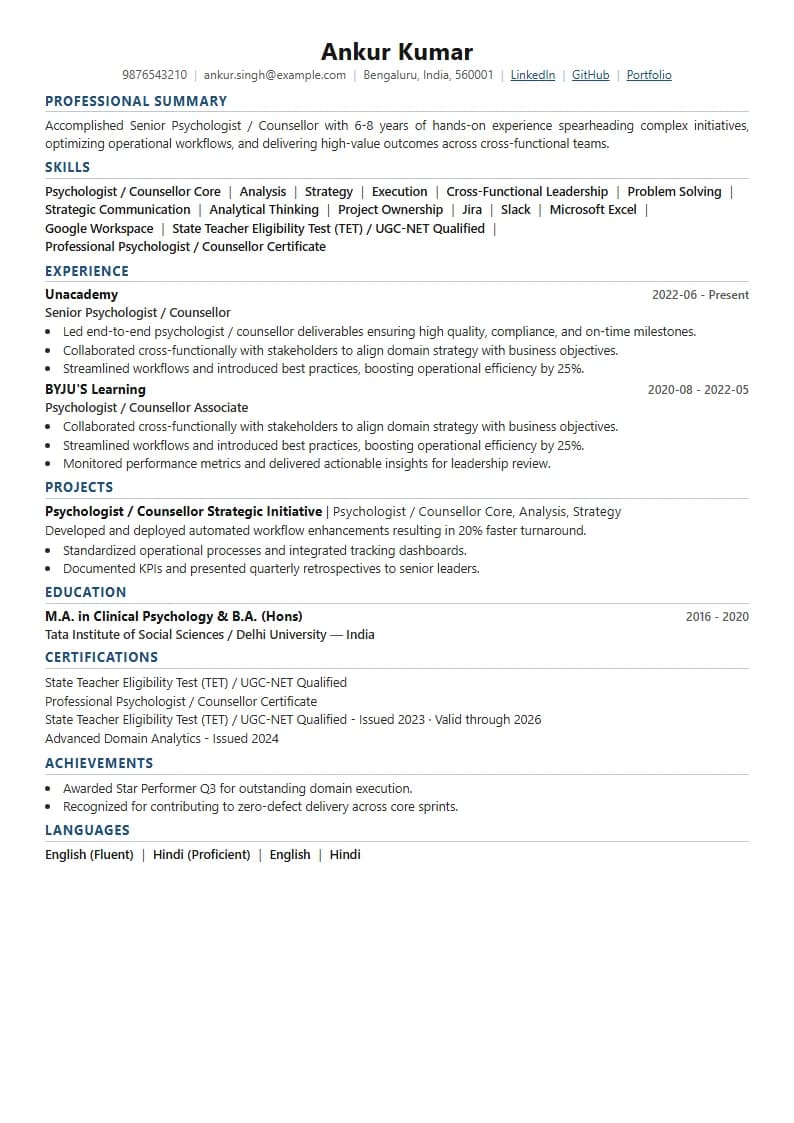Senior Psychologist / Counsellor Resume Example using Modern Professional template layout