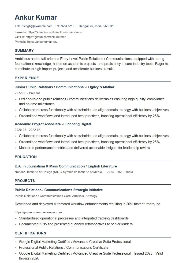 Entry-Level Public Relations / Communications Resume Example using Modern Professional template layout