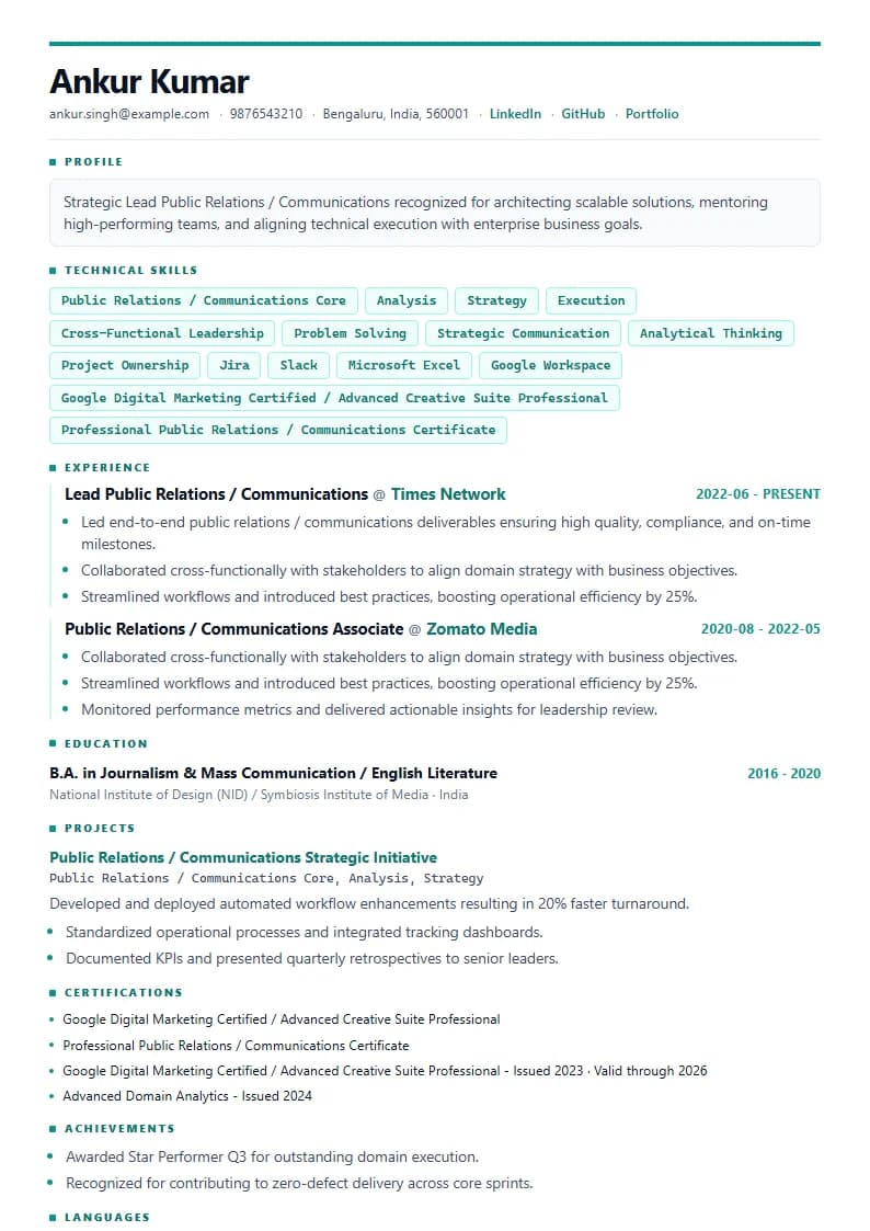 Lead Public Relations / Communications Resume Example using Silicon Teal Meridian template layout