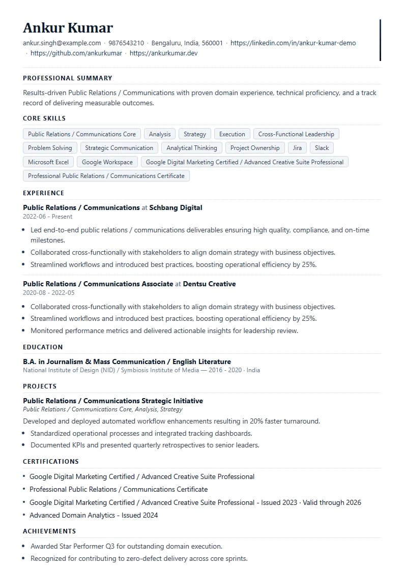Public Relations / Communications Resume Example using Corporate Elite Resume template layout