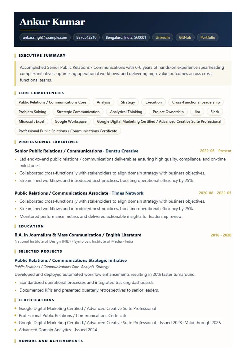 Senior Public Relations / Communications Resume Example using Executive Onyx Gold template layout