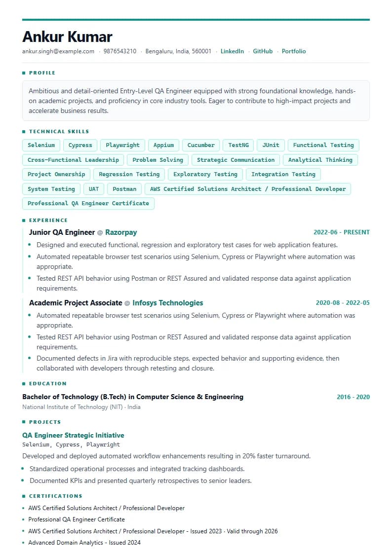 Entry-Level QA Engineer Resume Example using Executive Onyx Gold template layout