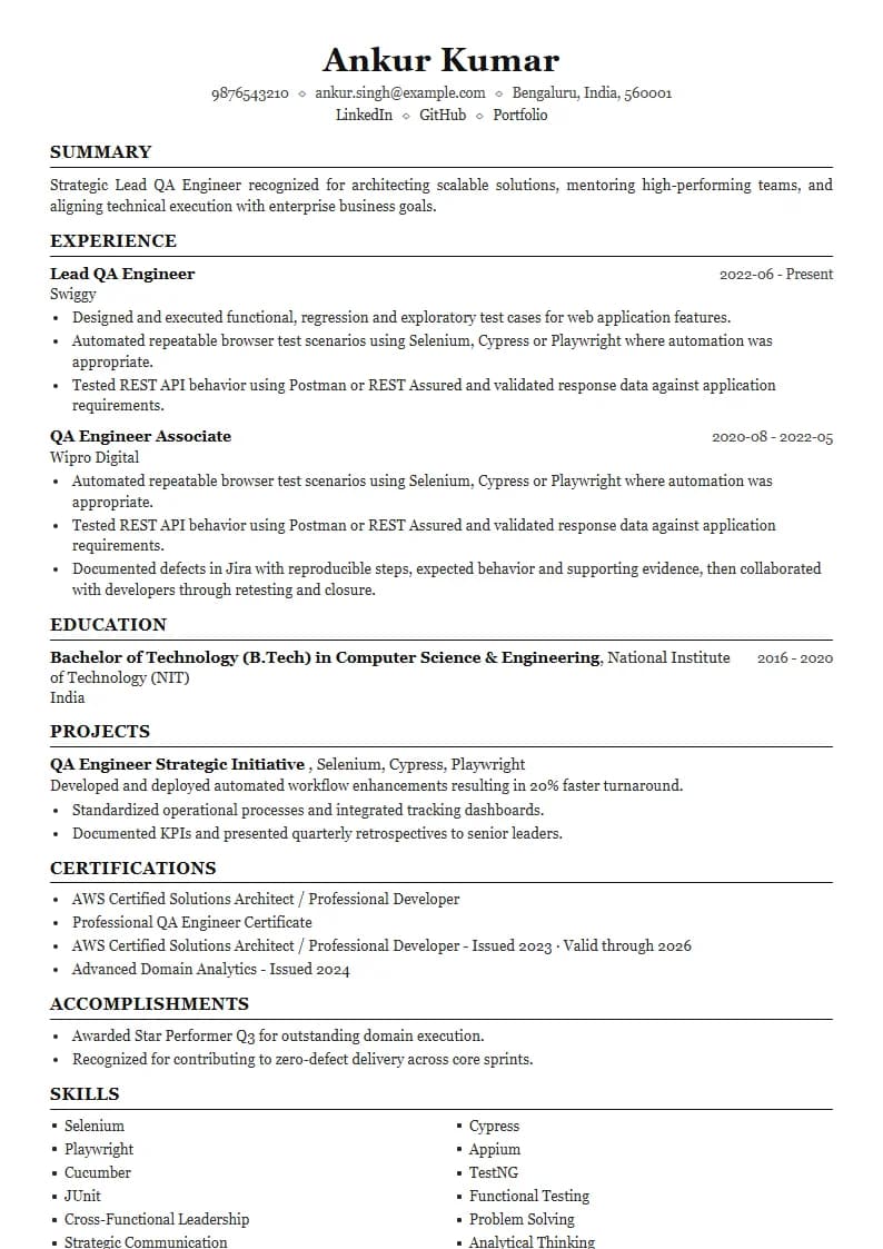 Lead QA Engineer Resume Example using Crisp Column Slate template layout