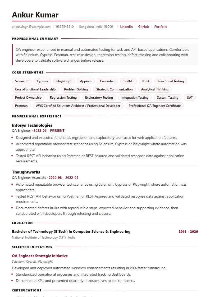 QA Engineer Resume Example using Silicon Teal Meridian template layout
