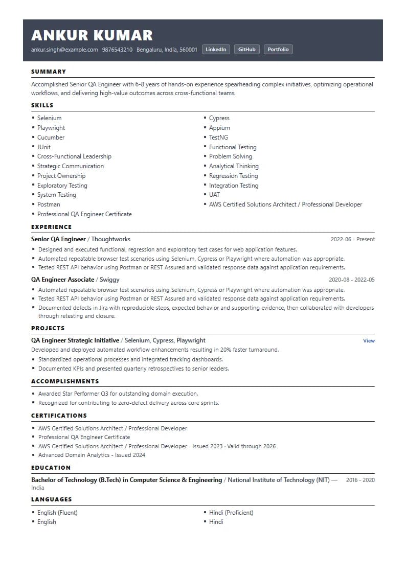 Senior QA Engineer Resume Example using Mercator Marketing Executive template layout