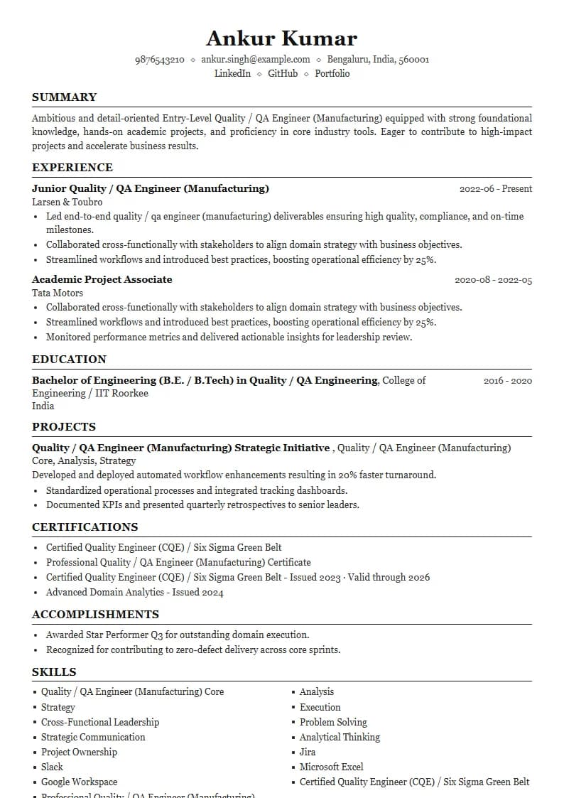 Entry-Level Quality / QA Engineer (Manufacturing) Resume Example using Mercator Marketing Executive template layout