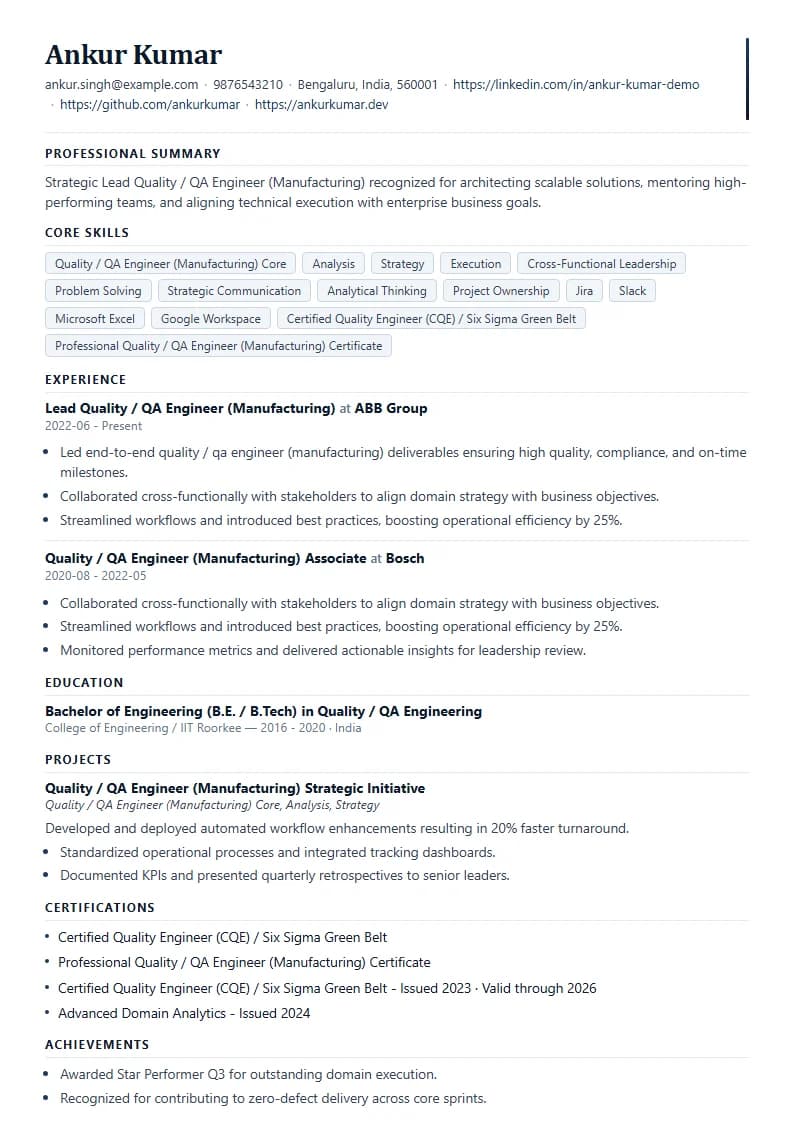 Lead Quality / QA Engineer (Manufacturing) Resume Example using Compact Professional Azure template layout