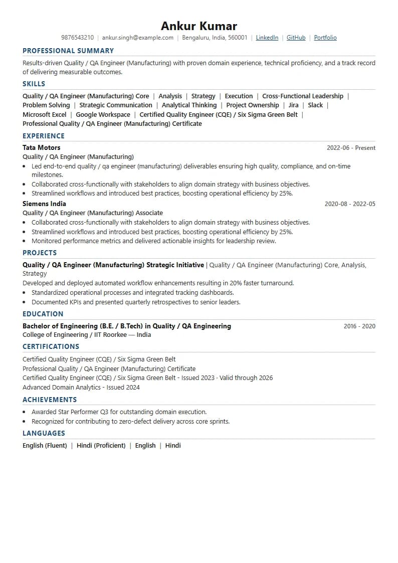 Quality / QA Engineer (Manufacturing) Resume Example using Crisp Column Slate template layout