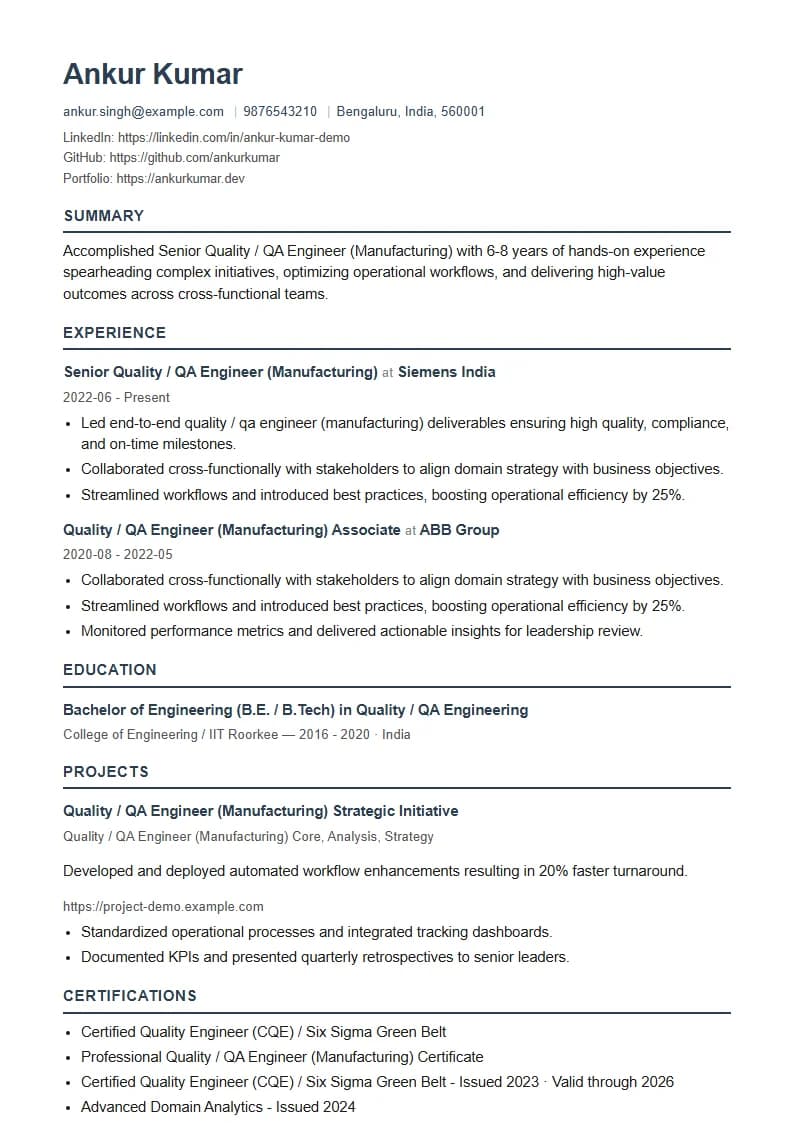 Senior Quality / QA Engineer (Manufacturing) Resume Example using Timeless Serif Classic template layout