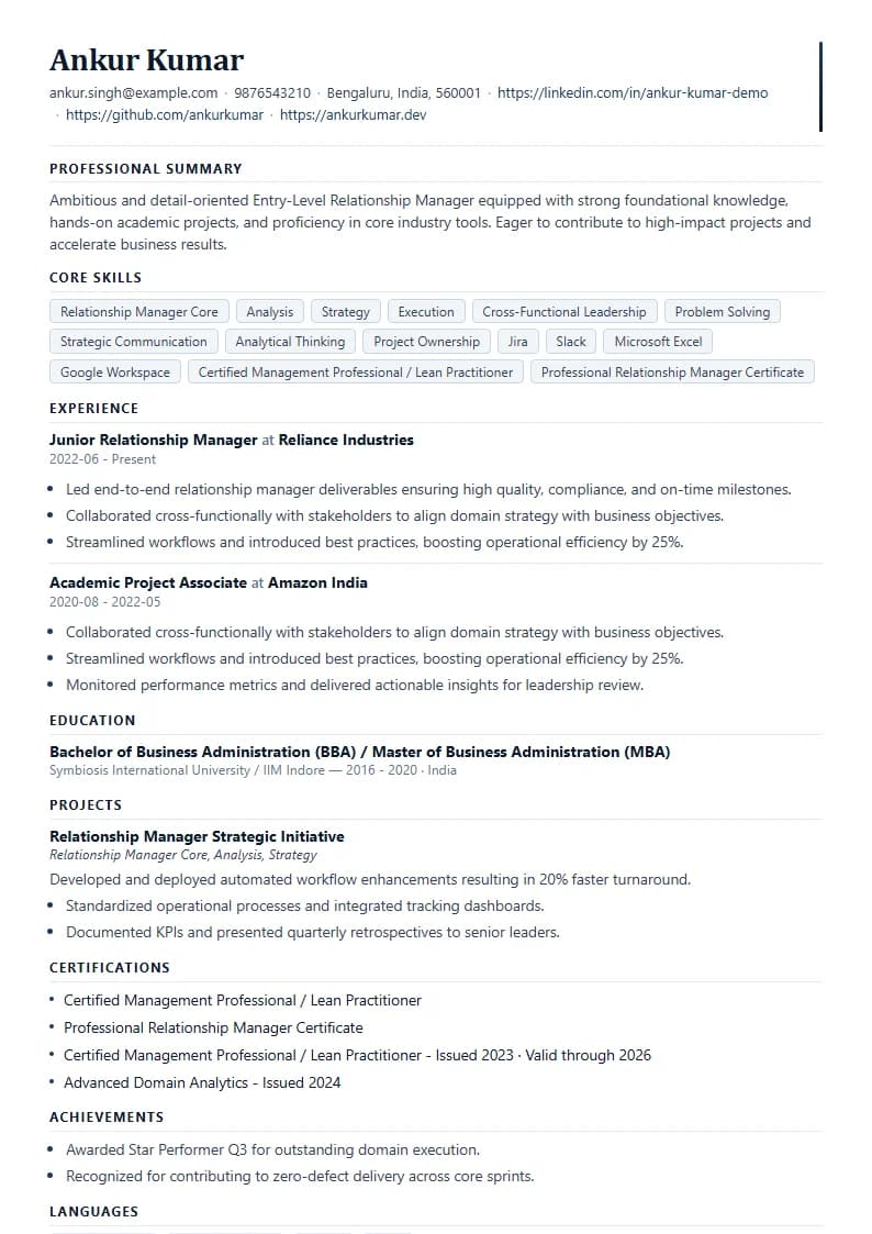 Entry-Level Relationship Manager Resume Example using Timeless Serif Classic template layout